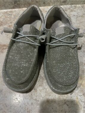 Hey Dude Sparkle Slip-On Shoes in Sage Green with Silver Glitter